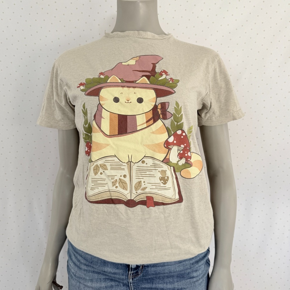 Mushroom Wizard Cat‎ T-Shirt By Rihnlin Unisex Size Medium Dark Academia